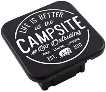 Camco Life is Better at The Campsite Hitch Receiver Cover | Protects Your Trailer Hitch Receiver from Debris, Dirt, Water and Rust | Life is Better at The Campsite Emblem, Black/Silver (53411)