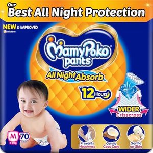 Mamypoko pants All night absorb| Pant Style Baby Diapers Medium Size(M), 70 Count, Ideal for 7-12Kgs|1 Diaper= Upto All night Absorption|Wider Crisscross Sheet|Gentle Coco Care| 12hr Leakage Protection| Prevents Heaviness.