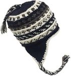 Nepal Hand Knit Sherpa Hat with Ear Flaps, Trapper Ski Heavy Wool Fleeced Lined Cap (White Black Extra Large Head)