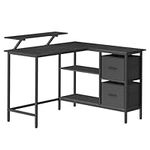 VASAGLE L-Shaped Desk with 2 Spacious Drawers, Gaming Desk with Monitor Stand, Corner Desk, Computer Desk with Adjustable Storage Shelf, for Home Office, Ebony Black LWD097B56