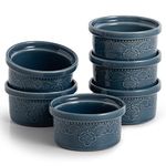 FE Ceramic Ramekins, Souffle Dishes, Lace Embossed Creme Brulee Dishes, 240 ml for Soufflé, Cupcakes and Pudding, Set of 6, Blue