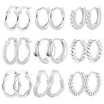 ALEXCRAFT Small Hoop Earrings Set, 9 Pairs Sterling Silver Hoop Earrings for Women, Multipack Hoop Huggie Earrings Set Twist Heart Love Chunky Tiny Small Hoops Set Piercing Cartilage Hoops Earrings