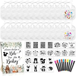 Newwiee 55 Pcs DIY Baby Bibs Set Includes 22 White Feeder Bibs 22 Stencils 10 Fabric Markers 1 Wooden Baby Shower Game Sign (Woodland Animal)