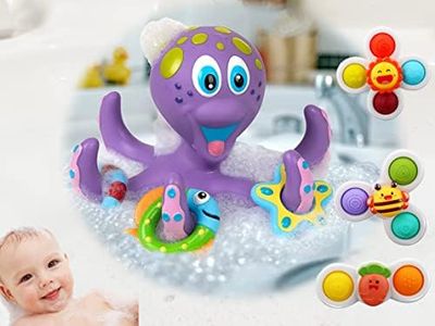 Suction cup rotating toys Floating bathtub toys, rotating bathtub toys with decompression sensing buttons, and octopus floating rings 3 pieces, holiday gifts for boys and girls, bathing, help baby's sensory development, contains 7 pieces set