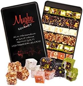 Mughe Gourmet Luxury Sultan Turkish Delight Candy Elegant Metal Gift Box - 1.44lb/650gr - Lokum Delights Pistachio, Orange, Hazelnut, Almond - Perfect Gifts for Birthday, Mother's Day and Christmas