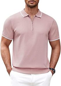 COOFANDY Mens Polo T Shirt Stripe Stretch Casual Quarter Zip Pique T Quick Dry, Pink, XX-Large, Short Sleeve