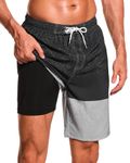 SILKWORLD Mens Swim Trunks with Compression Liner 9" Beach Board Shorts Men 2 in 1 Quick Dry Bathing Suit with Pockets, Black+grey, M