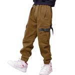 MEILONGER Boys Cargo Pants Cotton Casual Pants Loose Hiking Bottoms Elastic Cuffed Joggers(Dark Khaki,10-12)