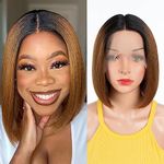 DÉBUT Ombre Brown Straight Bob Wigs Human Hair T Part Lace Front Bob Wig Pre Plucked with Baby Hair 150% Density Brazilian Virgin Hair for Women(10 Inches, Ombre Brown)