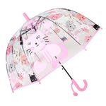 ThreeH Childrens Clear Bubble Umbrella 8 Fiber Ribs Automatic Open Cute Cat Cartoon Dome Canopy for Girls Aged 3-8,Pink