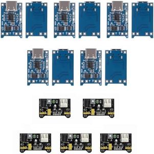 10x TP4056 Type-C 5V 1A Lithium Charger + 5X MB102 3.3V/5V Power Module with Dual Protection, DC/USB Input
