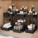 Sevenblue Under Sink Organizer 3 Pack, 2 Tier Bathroom Organizers with Sliding Drawer, Multi-Use Kitchen Organizers and Storage with Hook and Hanging Cup, Black