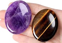 2PCS Worry Stone for Anxiety Tiger's Eye Amethyst Healing Crystals Hand Carved Thumb Stones Pocket Gemstones Meditation Oval Shaped Crystal Natural Reiki Relax Palm Stone Therapy Relief Sets