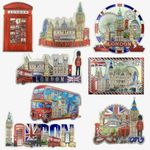 8 London Souvenirs Shiny Photo Magnets - Union Jack British Flag Gift England Cut Out Magnet- London Landmark Icons Picture Fridge Magnet