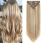 Double Weft Clip in Human Hair Extensions Real Remy Hair Full Head 8PCS Highlights - 12" inch 115g #12/613 Golden Brown mix Bleach Blonde - Thick Straight Natural