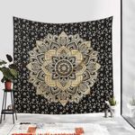 Bless International Indian Traditional Mandala Hippie Wall Hanging, Cotton Tapestry Ombre Bohemian Bedspread (King (84x90 Inches)(215x230 Cm), Black Gold Flower)