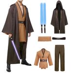 Melwod Men's Tunic Cosplay Costume with 2 PCS Light Up Saber Tunic Hooded Robe Full Set for Halloween Party (Brown, L)