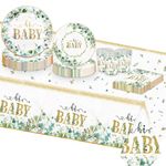 TOPWAYS Baby Shower Decorations, Sage Green Baby Shower Decorations Boy Girls Baby Party Paper Plates Cups Napkins Tablecloth Tableware Set for Baby Shower Gender Reveal Decoration (16guest Set)