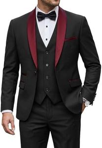 YND Men's 3 Piece Slim Fit Tuxedo Suit Set, One Button Shawl Collar Solid Business Blazer Jacket Vest Pants with Bow Tie, Maroon Collar Black