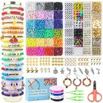 Hbnlai 7500 Clay Beads Bracelet Making Kit, Preppy Friendship Flat Polymer Heishi Beads Jewelry Kits with Charms and Elastic Strings, Crafts Gifts Set for Girls