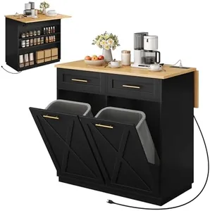 DWVO Kitchen Island with Double Tilt Out Trash Can Storage Cabinet & Drop Leaf, Rolling Portable Islands Table with Power Outlet Wheel Drawer Hidden 10 Gallon Garbage Bin Storage, Black Oak