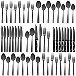 CEKEE 48-Piece Black Silverware Set with Steak Knives, Flatware Set for 8, Stainless Steel Commercial Grade Tableware Cutlery Set, Utensil Sets for Kitchen, Mirror Polished, Hand Wash Recommended