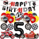 5th Race Car Birthday Decorations - 25Pcs Happy Birthday Banner, Tire Racing Car Helmet Mortorcycle Foil Balloons for Boys Auto Themed Party Supplies