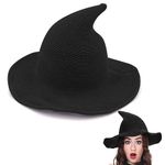 LYINUR Halloween Witches Hat, Wizard Witchs Hats Costumes for Women, Wide Brim Spire Black Wool Knitted Cap for Adult, Fancy Costume Accessories for Halloween Party Cosplay Masquerade