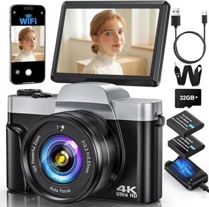 4K Digital Camera with WiFi 64MP Autofocus Vlogging Camera Compact Travel Cameras for Photography, 3" 180° Flip Screen 16X Zoom Flash Anti-Shake,32GB Card, 2 Batteries