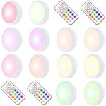 12 Pack Puck Lights, 16 Colors Changeable LED Puck Lighting Battery Powered dimmable Under Cabinet Lights Wireless Under Counter Lights Mini Night Light, with 2 Remote Controls & Timing Function