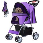 Azaeahom Pet Stroller Cat Stroller for Medium Small Dogs, 4 Wheels Cat Dog Cage Stroller, Travel Folding Cat Stroller with Storage Basket & Breathable Mesh, 360°Brake Wheels, Purple