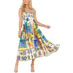 Women Cute Print Maxi Cami Dress Loose Sleeveless Spaghetti Strap Boho Dress Flowy Graffiti Long Aline Sun Dress, Cami Yellow, M