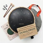 Panda Drum Pro (Black) | Steel Tongue Handpan with Music Book, Mallets, Carrying Bag & Finger Picks | 15 inch, 432 Hz | Rain Drum for Inside & Outside | Calming Musical Instrument for Adults & Kids