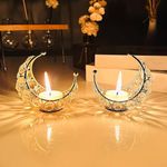 CentraLit Tea Light Holder, Gold Decoration, Living Room, Modern Moon Candle Holder, Crystal Candle Holder, Metal Lanterns, Table Decoration for Wedding Party, Ramadan, Diwali Decoration (Pack of2)