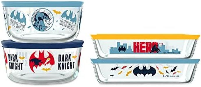 Pyrex 8-Pc Glass Food Storage Container Set, 4-Cup & 3-Cup Decorated Round and Rectangle Meal Prep Containers, Non-Toxic, BPA-Free Lids, DC's Batman