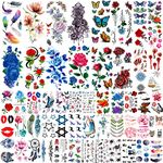 COKTAK 56 Sheets Variety Colorful Rose Flowers Temporary Tattoos For Women, Realistic Feather 3D Butterfly Fake Tattoos Temporary For Girls, Sexy Floral Blossom Branch Arm Neck Face Tatoo Sticker Kit