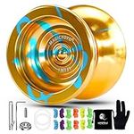 MAGICYOYO N11 Golden Blue Professional Unresponsive Yoyo Alloy Aluminum YoYo Ball with Bag, Glove and 12 Yoyo Strings, Responsive Bearing Kit for Dual Purpose Use