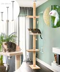 Runesol Floor to Ceiling Cat Tree, 245-288cm Multi Level Climbing Tower Adjustable Height, Beige Cat Scratching Post with Large Platforms and Wall bracket, Cat Furniture For Indoor Cats