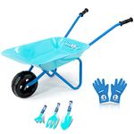 Colwelt Kids Wheelbarrow 5Pcs, Steel Wheelbarrow for Kids with Kids Wheelbarrow, Kids Gardening Tools and Kids Gloves(Blue)