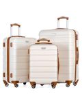 COOLIFE 3 Piece Luggage Set for Family Travel, Overseas Travel, ABS+PC, Lightweight Durable Suitcase with 360°Rubber Spinner Wheels, YKK Zipper, Telescopic Handle, TSA Lock, White/Brown