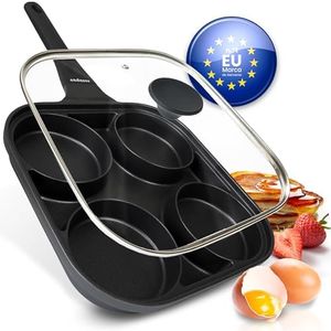 endusor Sartén para Huevo frito y Tortitas con Tapa | Sarten de 27 cm con 4 hoyos y protección antiadherente | Todo Tipo de Cocinas e Inducción | Sartén divida para Huevos fritos Panquecas Crepes