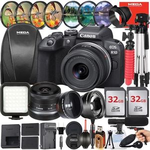 Canon EOS R10 Mirrorless Camera with RF-S 18-45mm Lens + 2 Pack 32GB Memory Card + Backpack + Tripod + Wideangle + Microphone + MegaAccessory Bundle