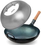 YOSUKATA Blue Round Bottom Wok Pan – 14" Woks and Stir Fry Pans + Wok Lid 13.6 Inch - Premium Stainless Griddle Dome with Tempered Glass Insert Steam Holes