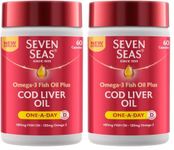 Seven Seas Cod Liver Oil Tablets with Omega-3, Fish Oil, One A Day, 60 Capsules, EPA & DHA, with High Strength Vitamin D & A (Pack of 2)