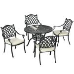 Outsunny 4 Seater Outdoor Dining Set Antique Cast Aluminium Garden Furniture Set with Cushions Round Dining Table with Parasol Hole, Black