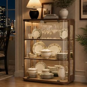 Lamtor Glass Display Cabinet, Curio Cabinet with Mirror & Outlet | Walnut