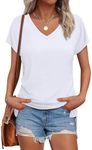 WIHOLL Womens Tops Basic Summer V Neck T Shirts Short Sleeve Dressy Casual Loose Fit Cute Tee Clothes Trendy Ladies Fashion Outfits Solid Color Shirts 2025 White S