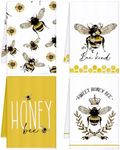 Tegeme 4 Pcs Bee Kitchen Towel Honey Bee Dish Towels Honeycomb Bath Tea Towels Bee Hand Polyester Towel Bee Cloths Absorbent for Kitchen Decor and Accessories 16 x 24 Inch(Yellow,Bee and Flower)