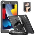 Timecity Case for iPad 9th 8th 7th Generation,iPad 10.2 inch Case, Shockproof Sturdy Case with Screen Protector,Kickstand/360 Rotating Hand Strap,Pencil Holder,Heavy Duty iPad 9/8/7 Cover,Black