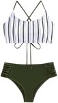 SweatyRocks Women's Bathing Suits Striped Criss Cross Bikini Set High Waisted Swimsuits Dark Green X-Small